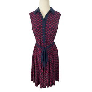 DM Collection Fit & Flare Jersey Dress Women Sz 4 Red Blue Sleeveless Collared